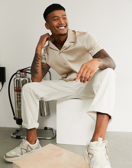 ASOS DESIGN relaxed fit satin shirt with deep revere in champagne