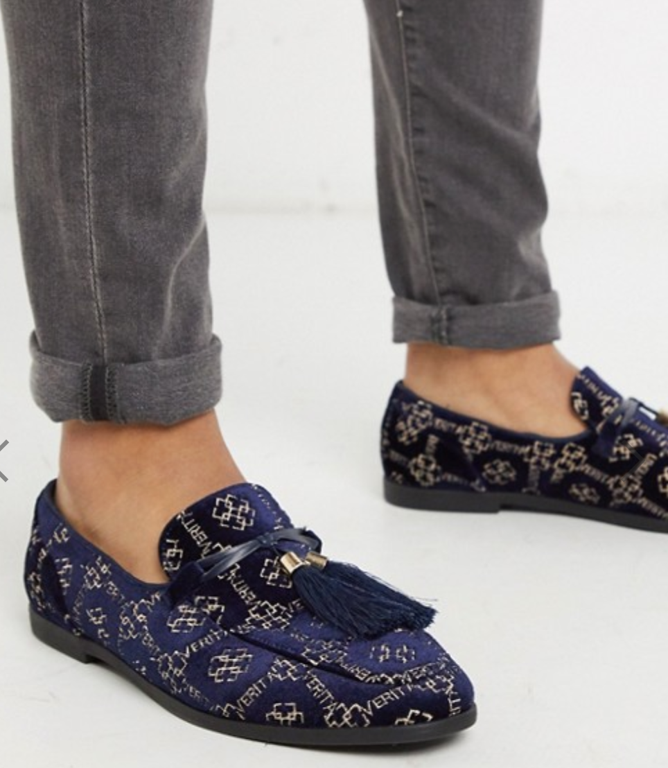 ASOS DESIGN loafers in navy velvet print with tassel