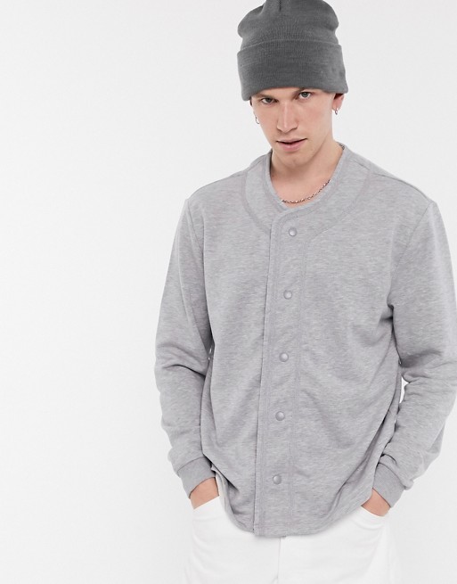 ASOS DESIGN oversized baseball sweatshirt with popper front in grey marl