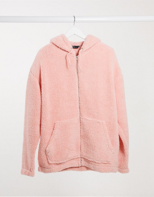 ASOS DESIGN co-ord oversized zip up hoodie in pink teddy borg