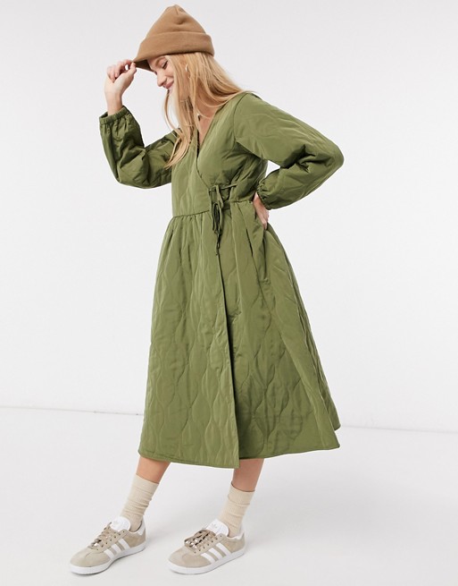 Y.A.S quilted wrap tiered dress in khaki