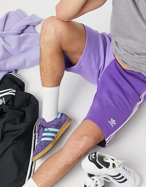 adidas Originals colour block three stripe shorts in purple