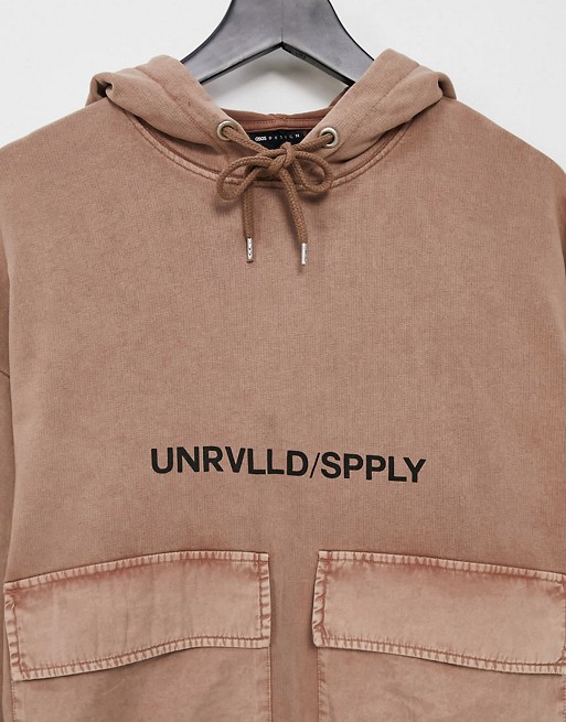 ASOS Unrvlld Supply co-ord oversized hoodie in washed tan with printed logo