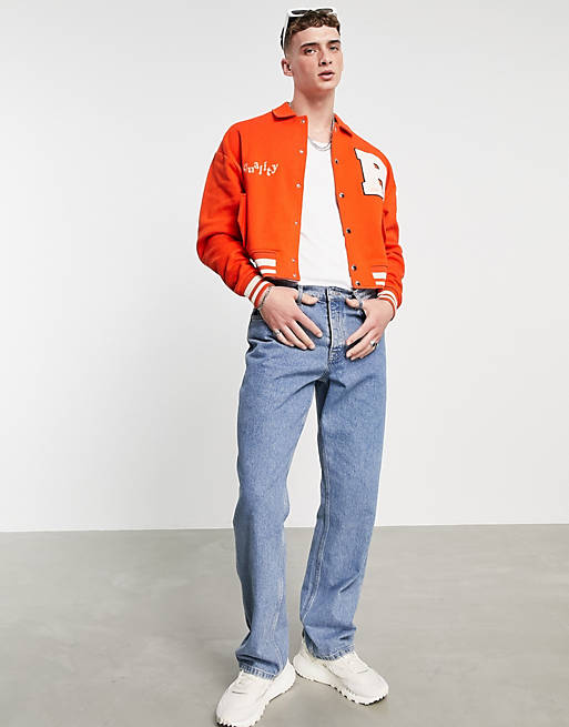 ASOS DESIGN oversized jersey harrington jacket in red with collegiate embroidery details
