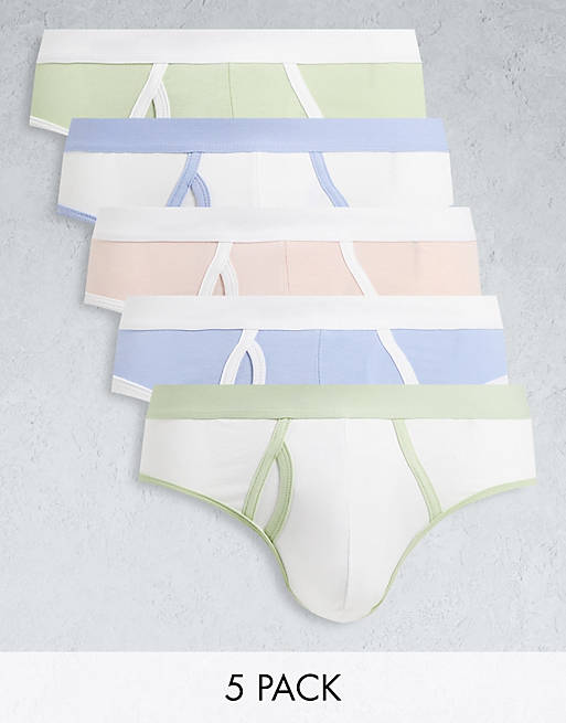 ASOS DESIGN 5 pack briefs with contrast pastel waistbands