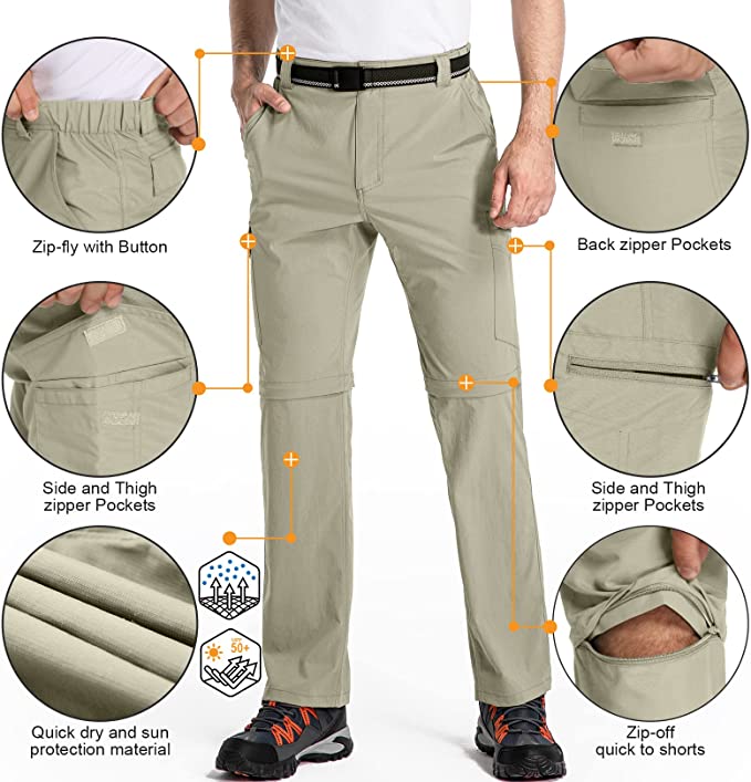 Mens Hiking Pants Convertible Zip Off Lightweight Quick Dry Fishing Safari Camping Travel boy Scout Pants