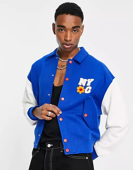 ASOS DESIGN oversized jersey harrington jacket in blue &amp; white with badging