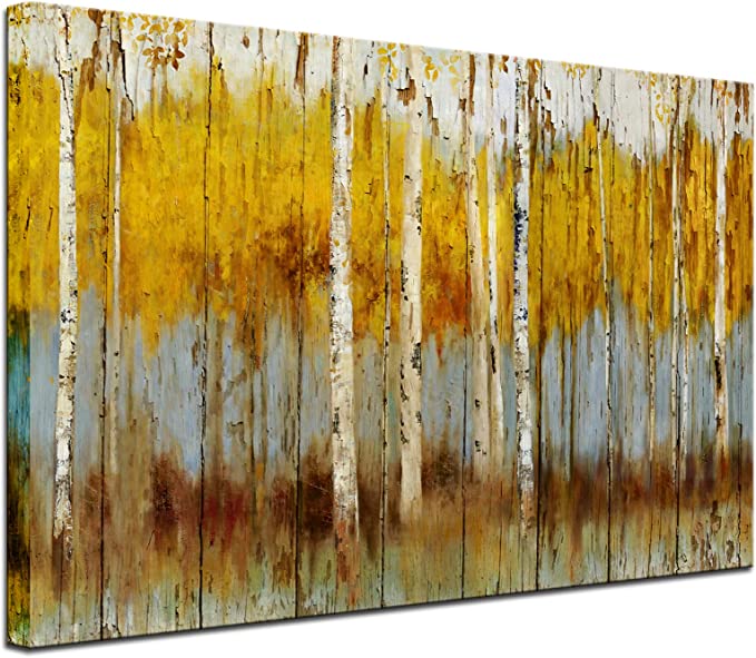 Biuteawal - Modern Aspen Canvas Art Decor Rustic White and Gold Birch Tree Painting Print on Canvas Abstract Autumn Scenery Picture for Living Room Bedroom Home Decorations Wall Decoration