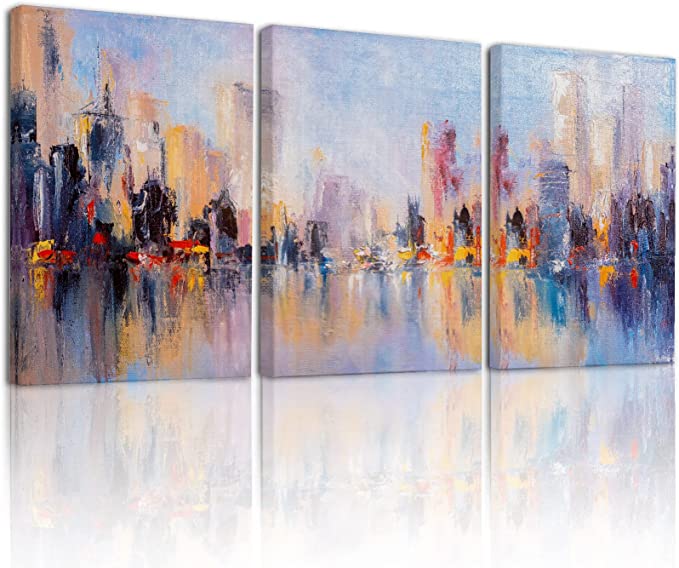 Abstract New York City Wall Art Decor for Living Room, 3 Piece Canvas Wall Cityscape Oil Painting Posters Prints for Bedroom Gym, Colorful Textured Picture Artwork for Office Bathroom 12x16 Inch Each