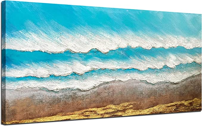 Arjun Beach Canvas Wall Art Blue Ocean Sea Painting White Waves Hand Made Abstract Landscape 3D Textured Picture Modern Seascape Framed Large for Living Room Bedroom Bathroom Office Home Deocr 40"x20"