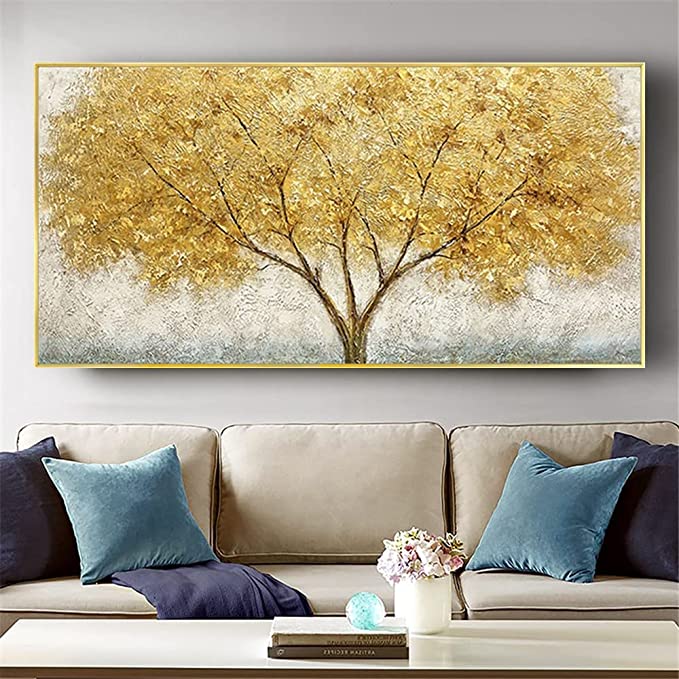 WunM Studio CE Modern 100% Hand Painted Oil Painting On Canvas Golden Yellow Rich Tree Flower Plant Art Wall Picture for Home Living Room Decor,Gold,60X120Cm (24X48Inch)