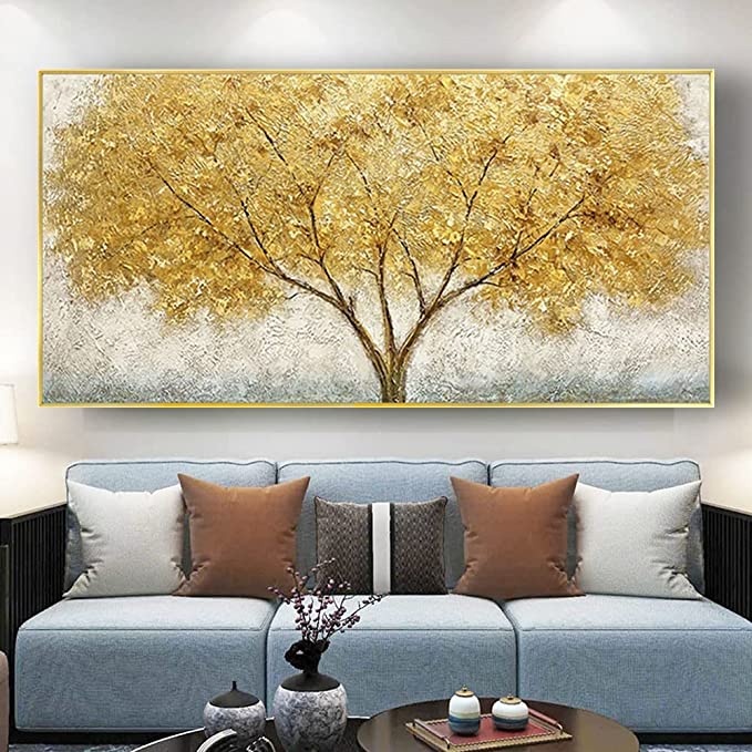 WunM Studio CE Modern 100% Hand Painted Oil Painting On Canvas Golden Yellow Rich Tree Flower Plant Art Wall Picture for Home Living Room Decor,Gold, 70X140Cm(28X56Inch)